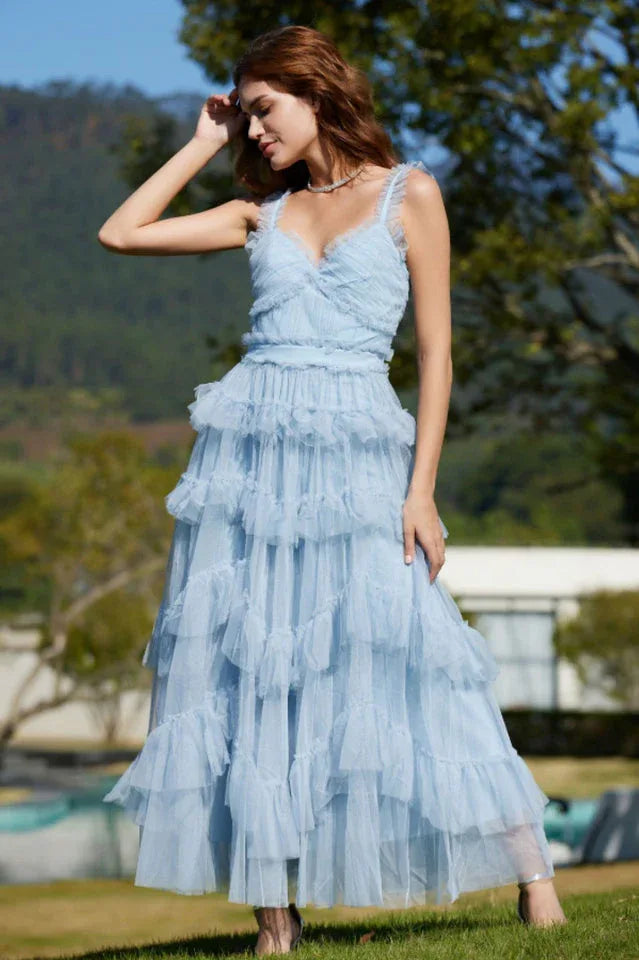 Tiered Tulle V-Neck Evening Dress in Mistyrose - View 9 | TEVQA
