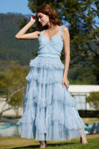 Tiered Tulle V-Neck Evening Dress in Mistyrose - View 9 | TEVQA
