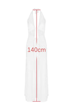 A white maxi dress with a halter neckline and ruched detailing, with a length measurement of 140cm indicated.