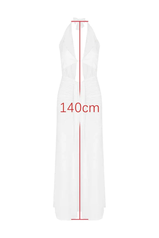 A white maxi dress with a halter neckline and ruched detailing, with a length measurement of 140cm indicated.