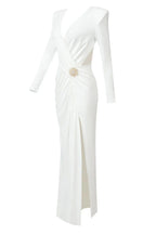 Long sleeve ruched dress with V-neckline and brooch - View 9 | TEVQA