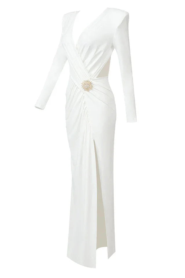 Long sleeve ruched dress with V-neckline and brooch - View 9 | TEVQA