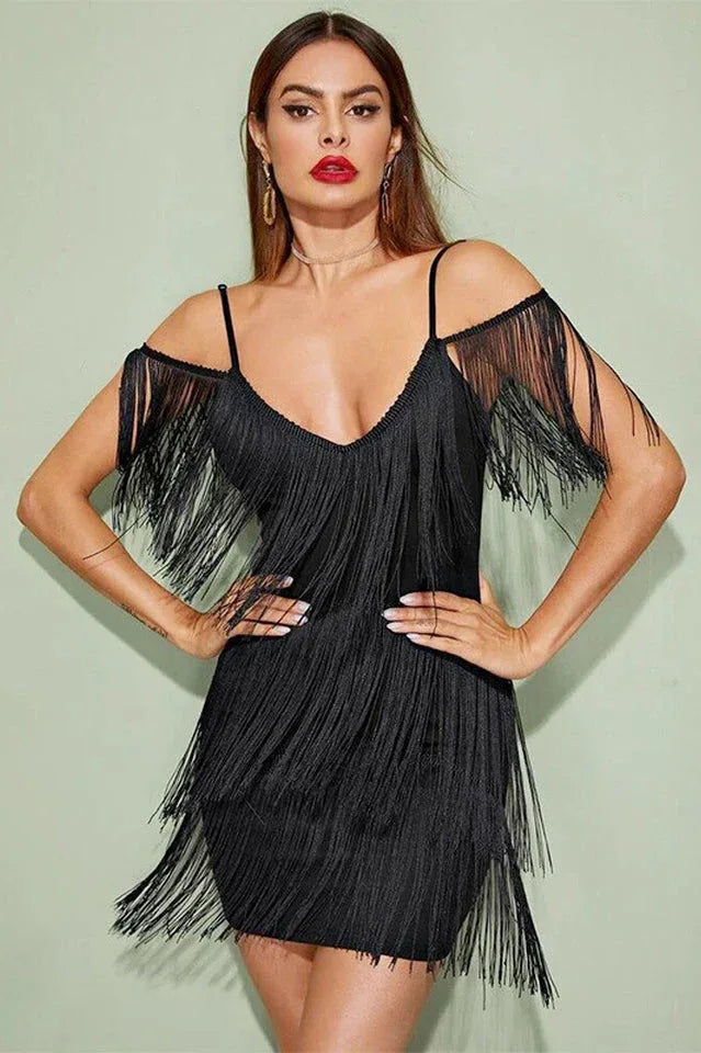 Pora Mini Halter Dress with Tassels - TEVQA