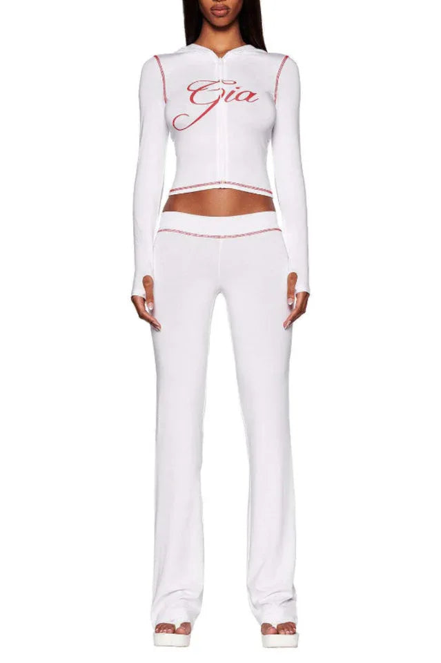 Fitted knit hoodie and trackpant set with V-neckline and thumbholes - View 17 | TEVQA