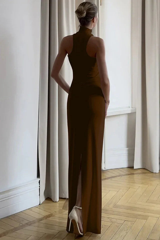 Floor length halter dress with gold trim - View 15 | TEVQA