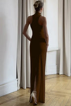 Floor length halter dress with gold trim - View 15 | TEVQA