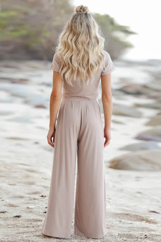 Casual two piece set with high-waisted wide leg pants and crop top - View 13 | TEVQA