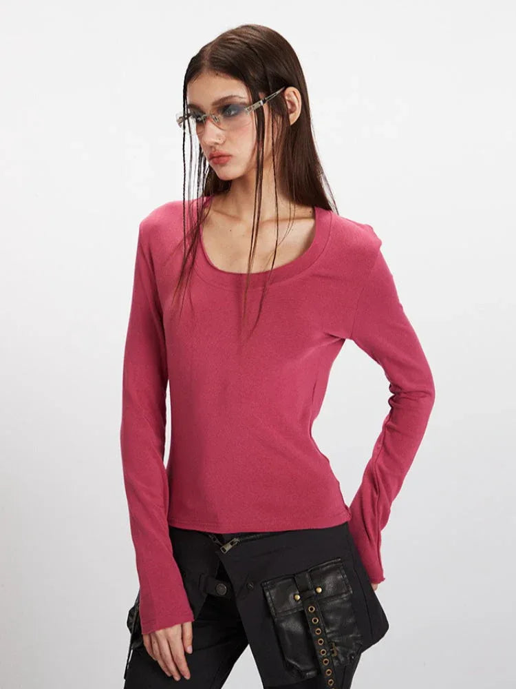 90s Minimalist U-Neck Long Sleeve Top - TEVQA