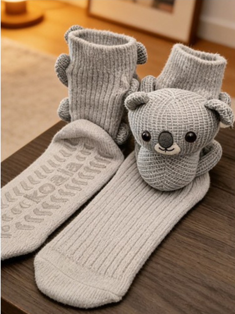 Two grey crew socks with 3D koala characters, one showing the non-slip grips on the sole.