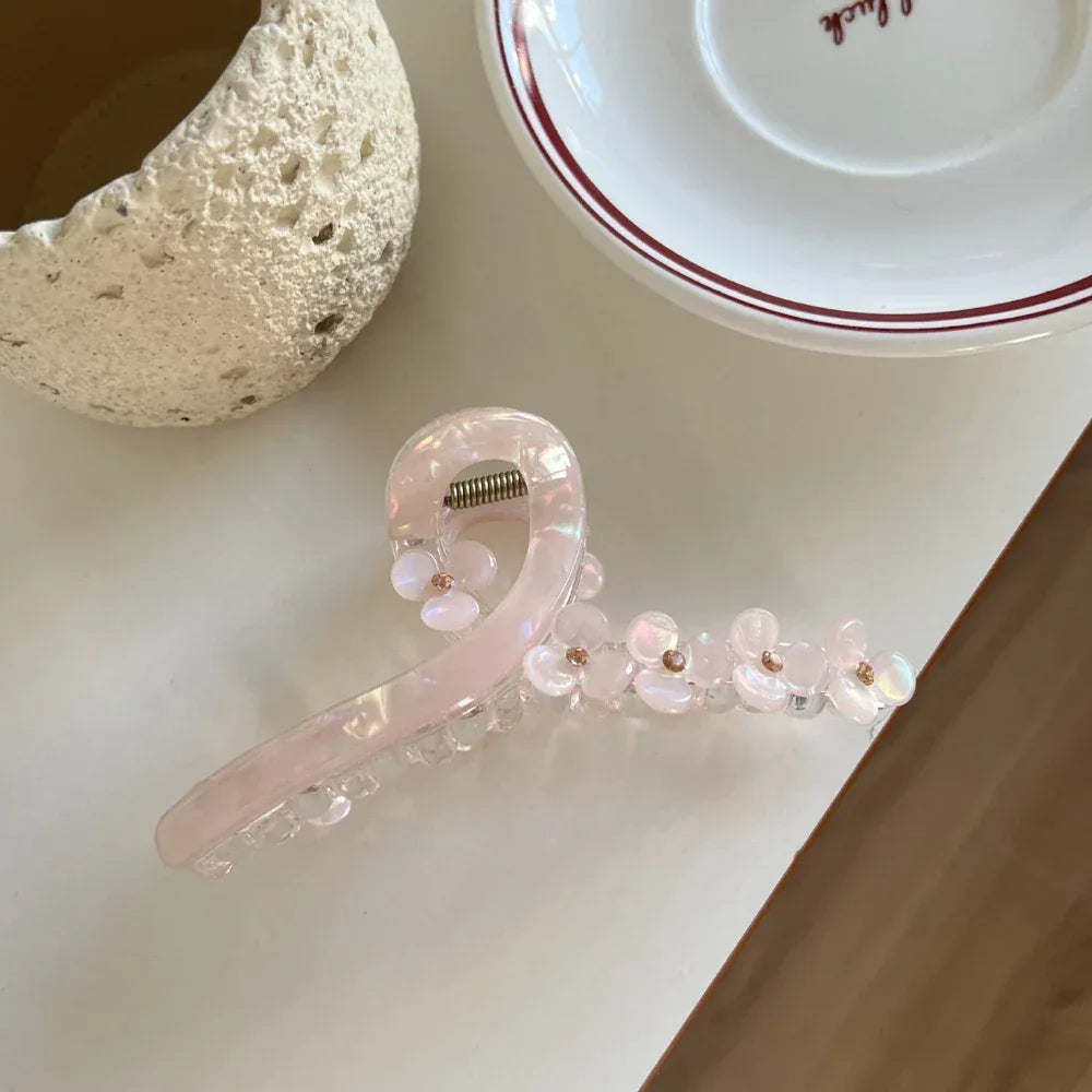 Pearlescent floral twist hair claw clip with rhinestone embellishments - View 6 | TEVQA