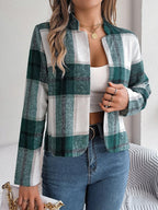 Navy blue plaid cropped jacket - View 24 | TEVQA