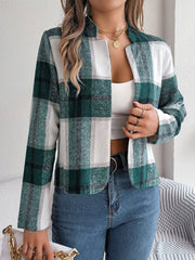 Chic Navy Blue Plaid Cropped Jacket