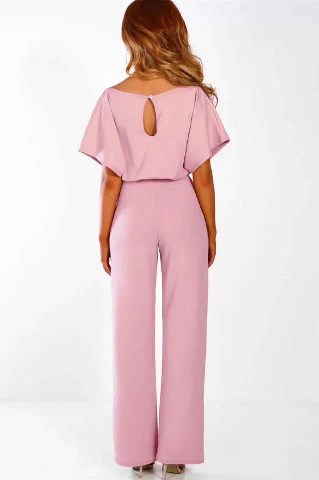 Wide leg jumpsuit with tie waist and boat neckline - View 14 | TEVQA