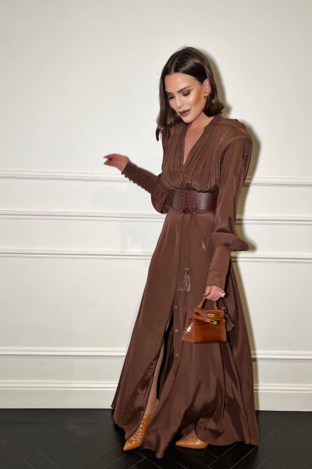 Rosey Tan Maxi Dress With Waist Belt | Dress In Beauty