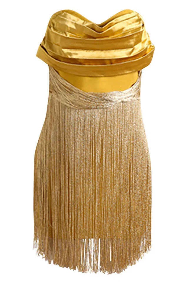 Yellow Ruffles Silk Tassel Trim Dress - TEVQA
