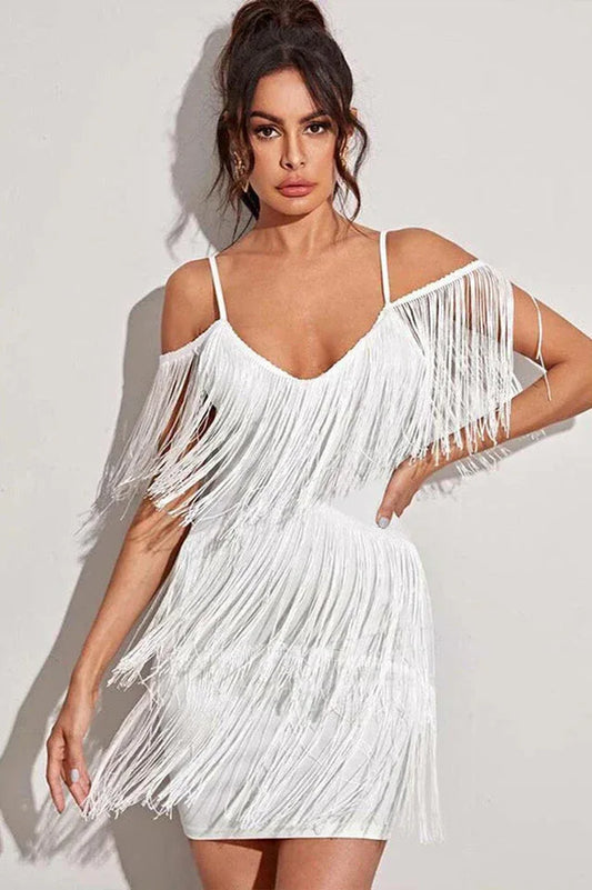 Pora Mini Halter Dress with Tassels - TEVQA