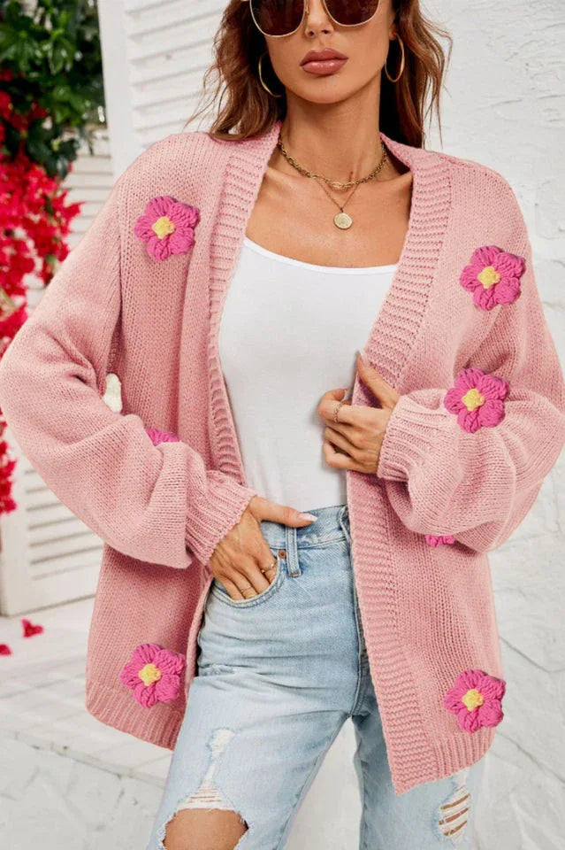 Camel 3D Floral Lantern Sleeve Cardigan - View 24 | TEVQA