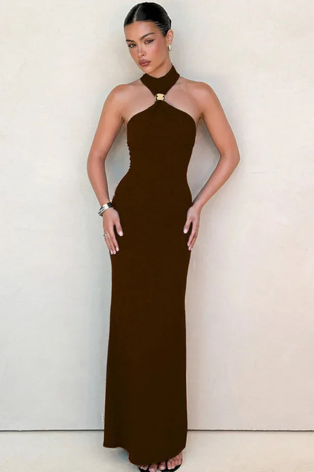 Floor length halter dress with gold trim - View 13 | TEVQA