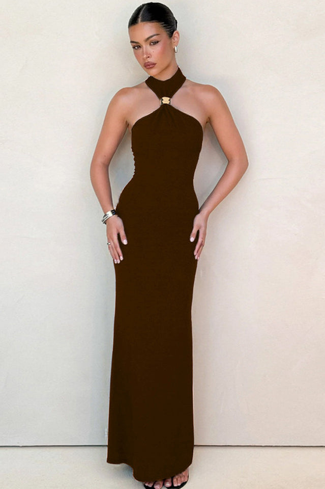 Golden Bead Trim Halter Sheath Dress | Dress In Beauty