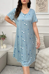 Plus Size Blue Floral Print Nightgown with Lettuce Trim, Short Sleeve Midi Sleep Dress - Soft Loungewear