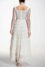 Back view of a white tiered tulle gown with a zipper closure