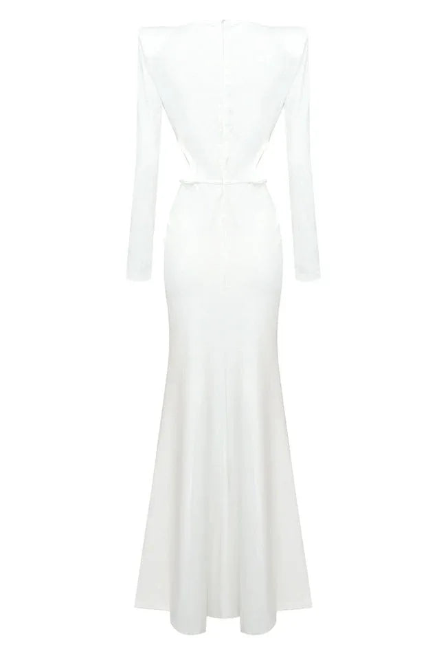 Long sleeve ruched dress with V-neckline and brooch - View 10 | TEVQA