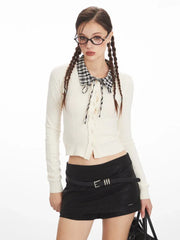 Vintage Cream Cable Knit Cardigan with Plaid Collar - TEVQA