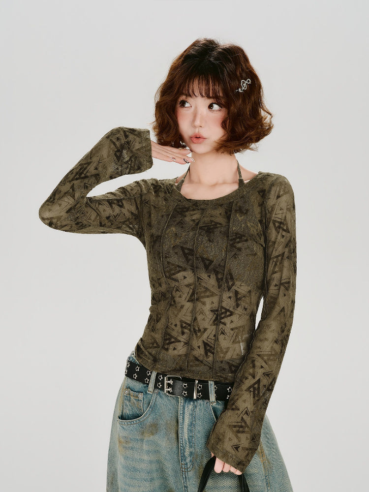 Vintage Print Mesh 2-Piece Long Sleeve Top Green
