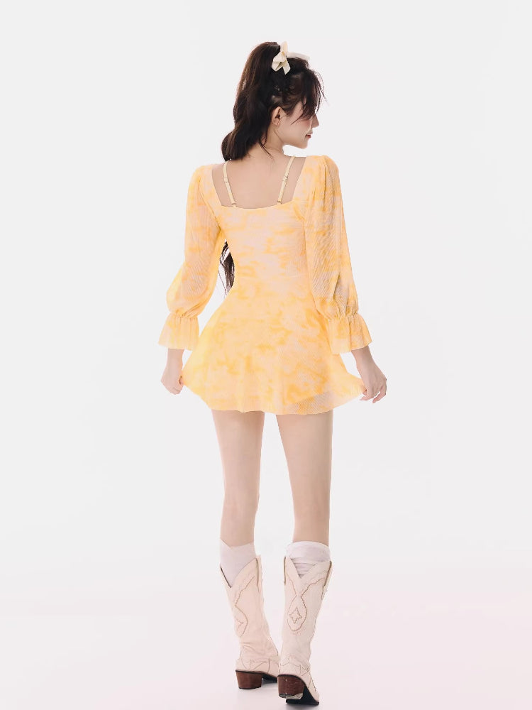Yellow Tie-Dye Long Sleeve Swim Dress