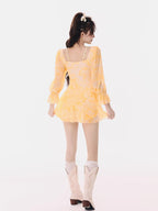 Yellow Tie-Dye Long Sleeve Swim Dress