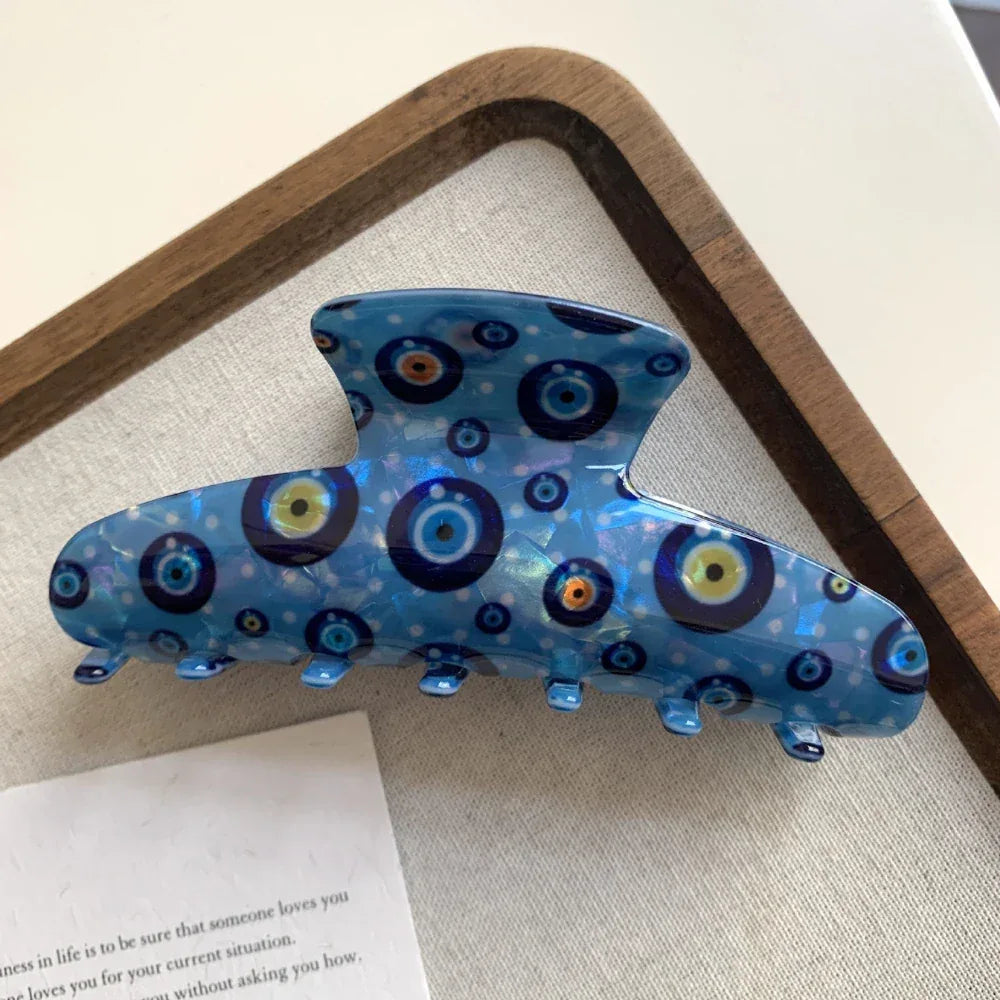 Trendy Evil Eye Hair Claw Clip - 4.3 Inch Blue Nazar Protection Accessory - TEVQA