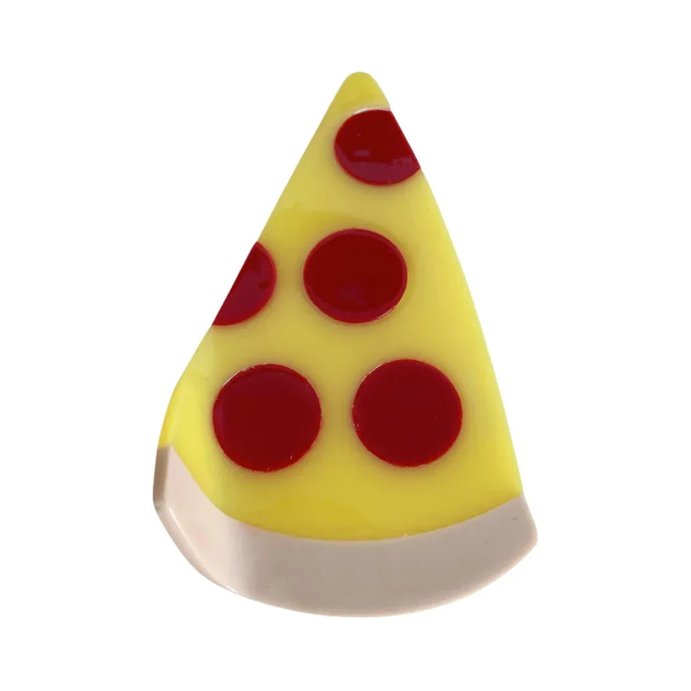 A close-up shot of a pizza slice-shaped hair clip with red pepperoni. Main image