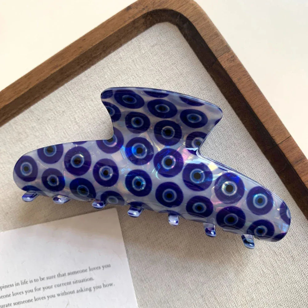 Trendy Evil Eye Hair Claw Clip - 4.3 Inch Blue Nazar Protection Accessory - TEVQA