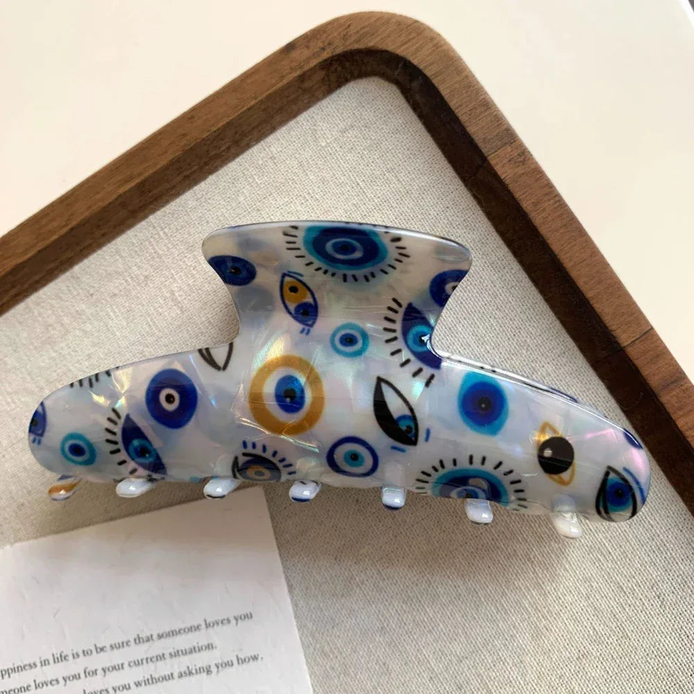 Trendy Evil Eye Hair Claw Clip - 4.3 Inch Blue Nazar Protection Accessory - TEVQA