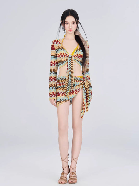 Geometric Wave Print 4-Piece Bikini & Cover-up Set