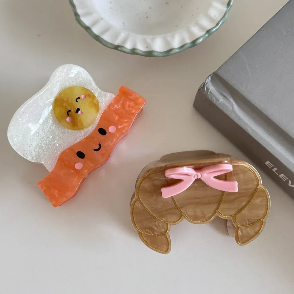 Whimsical Breakfast Acetate Hair Claw Clip - 3 Inch Cute Foodie Accessory - TEVQA