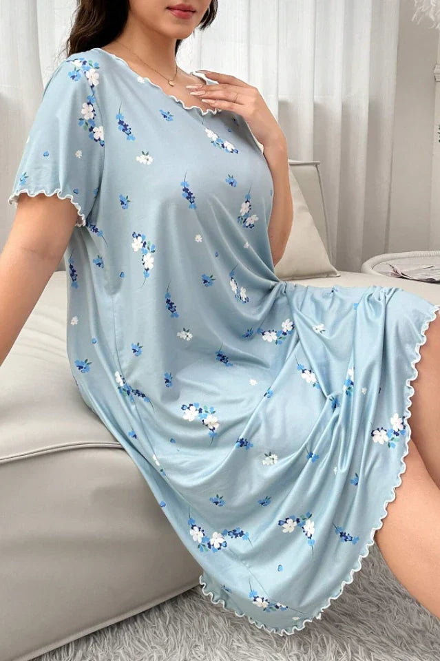 Plus Size Blue Floral Print Nightgown with Lettuce Trim, Short Sleeve Midi Sleep Dress - Soft Loungewear