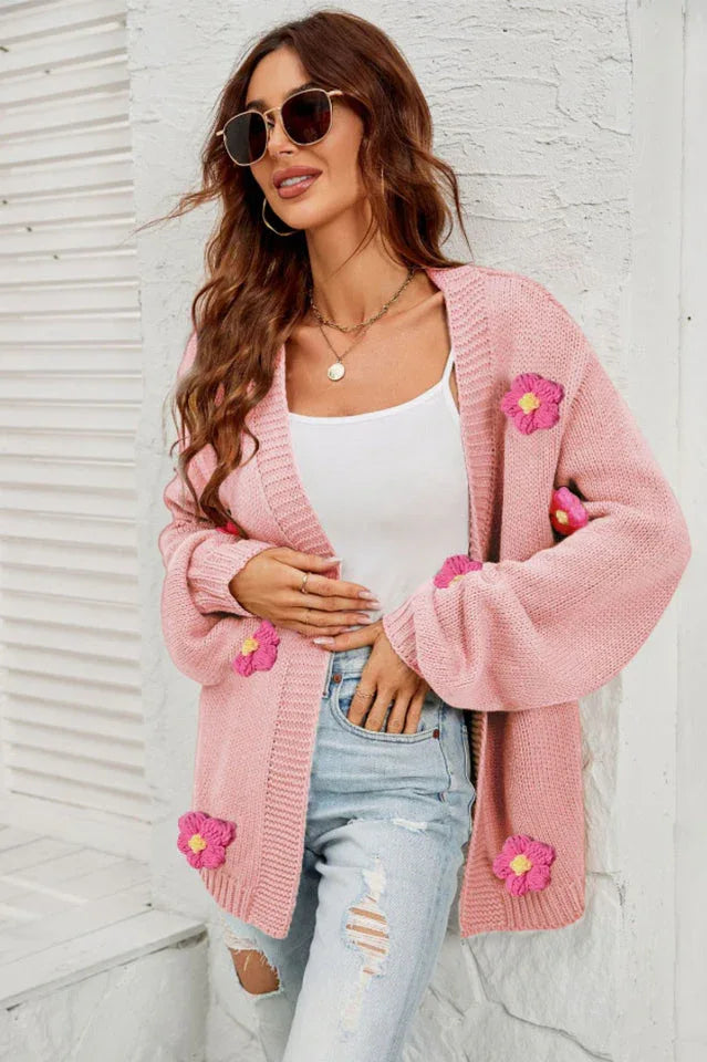 Camel 3D Floral Lantern Sleeve Cardigan - View 21 | TEVQA