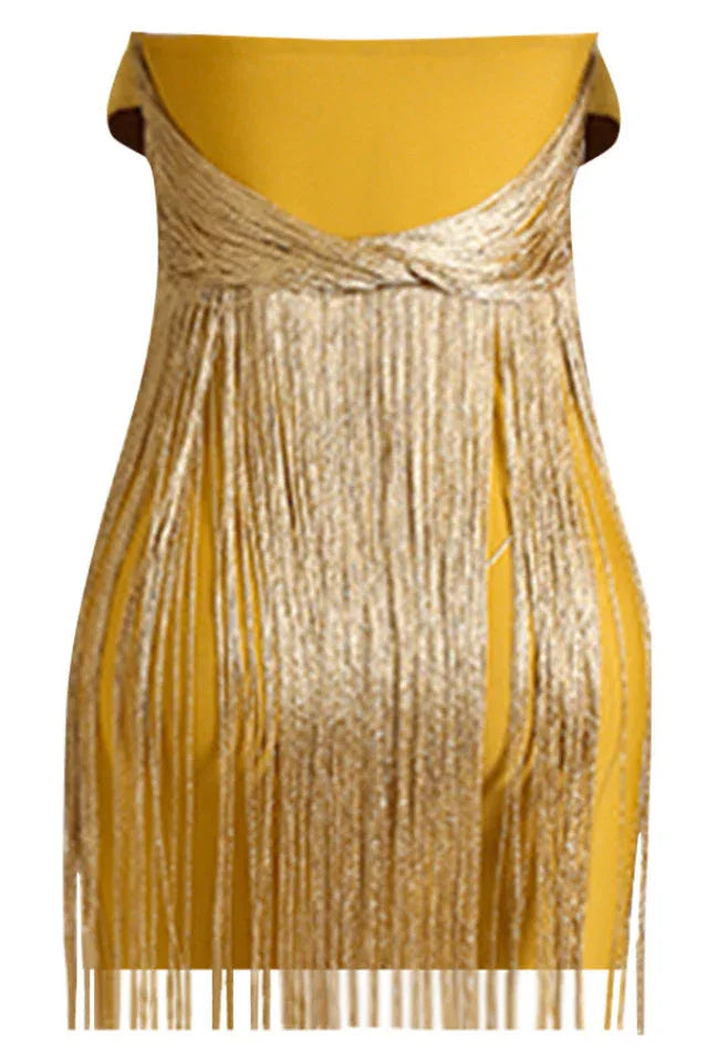 Yellow Ruffles Silk Tassel Trim Dress - TEVQA