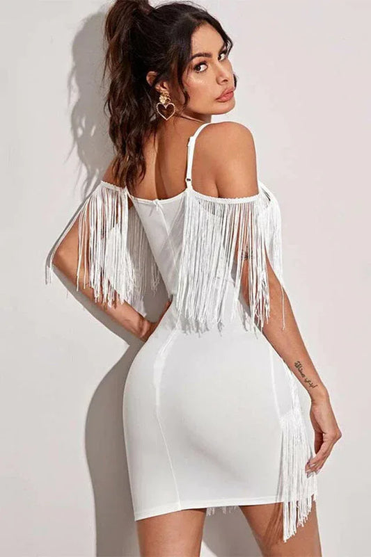 Pora Mini Halter Dress with Tassels - TEVQA