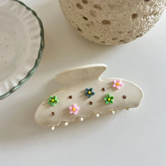Dainty Floral Hair Claw Clip - 3 Inch Cream White with Daisy Accents