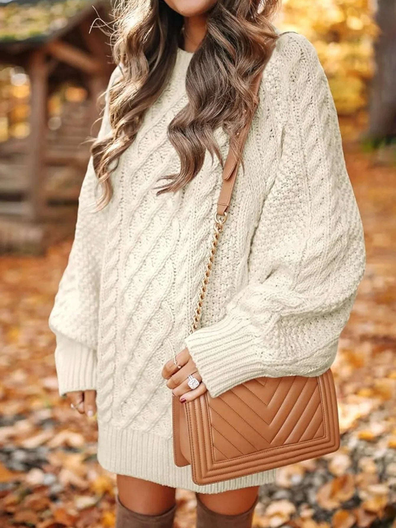 Chunky Cable Knit Tunic Sweater - TEVQA