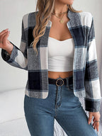 Navy blue plaid cropped jacket - View 7 | TEVQA