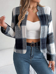 Chic Navy Blue Plaid Cropped Jacket