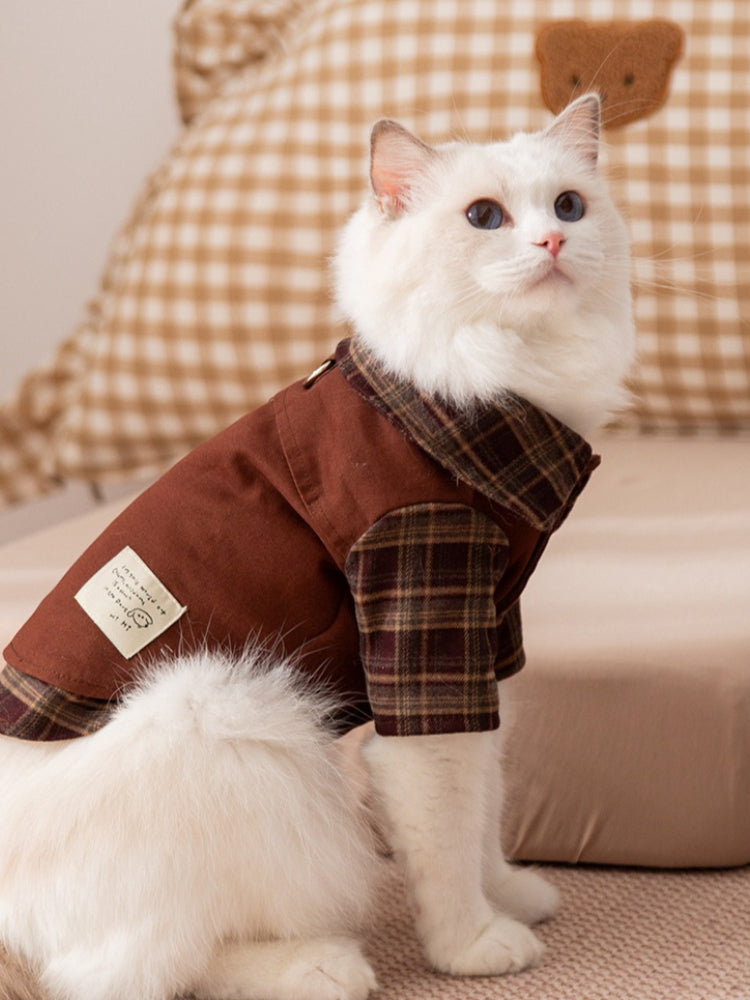 Brown plaid pet dress shirt with ruffled collar and pleated skirt - View 6 | TEVQA