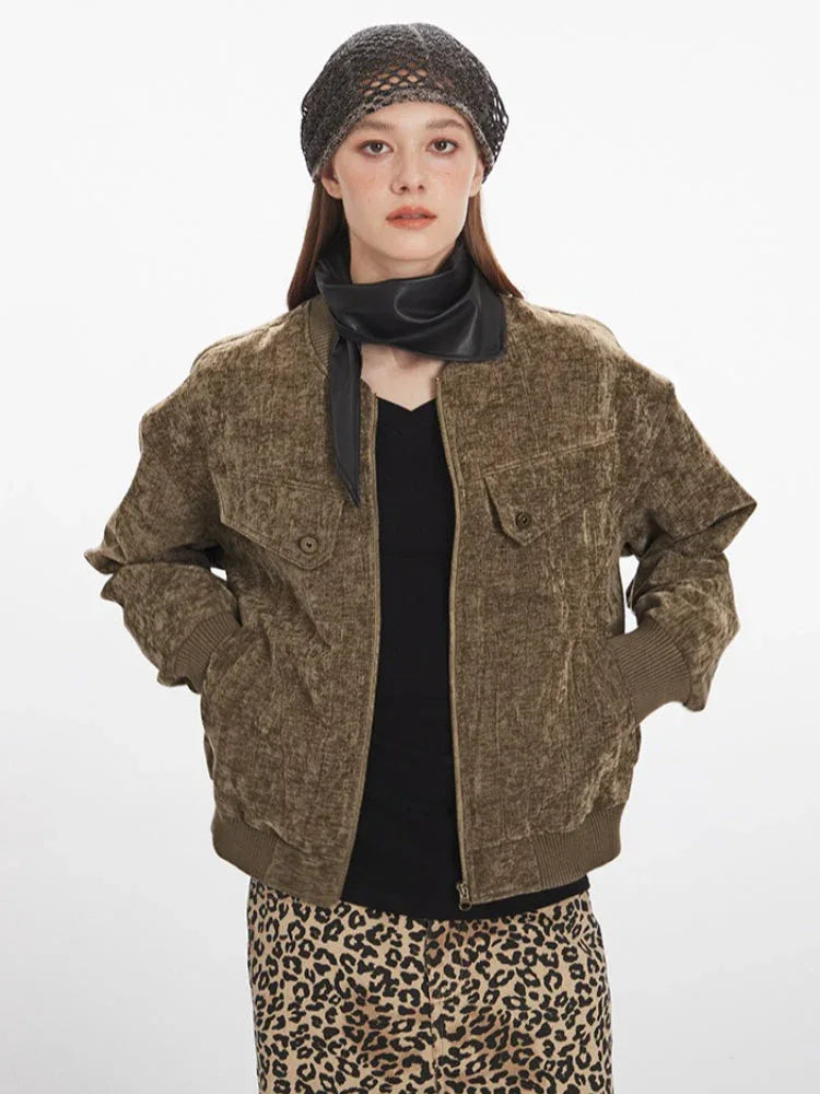 Vintage Brown Distressed Velvet Bomber Jacket - TEVQA