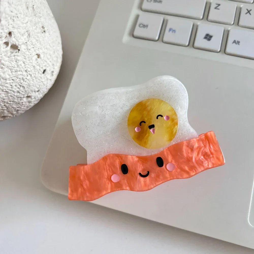 Whimsical Breakfast Acetate Hair Claw Clip - 3 Inch Cute Foodie Accessory - TEVQA