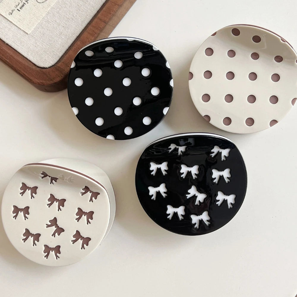 Acetate 2.5 Inch Round Hair Claw Clip - Polka Dot & Bow Print