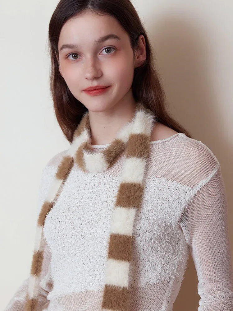 Y2K Fuzzy Striped Skinny Scarf - TEVQA