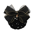 black hair bun cover with a black sheer organza bow adorned with gold trim and a small charm